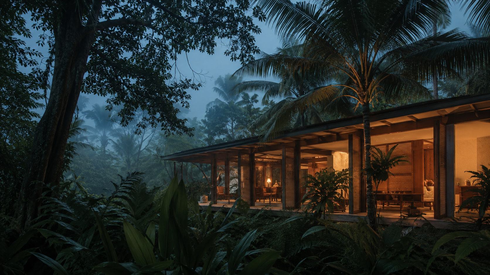 Villa in the garden canopy at blue hour